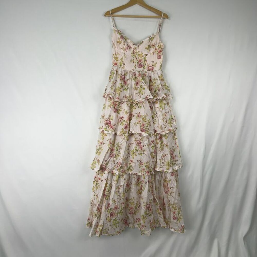 V. Chapman Cream Floral Tiered Maxi Dress with Pink and Green Accents